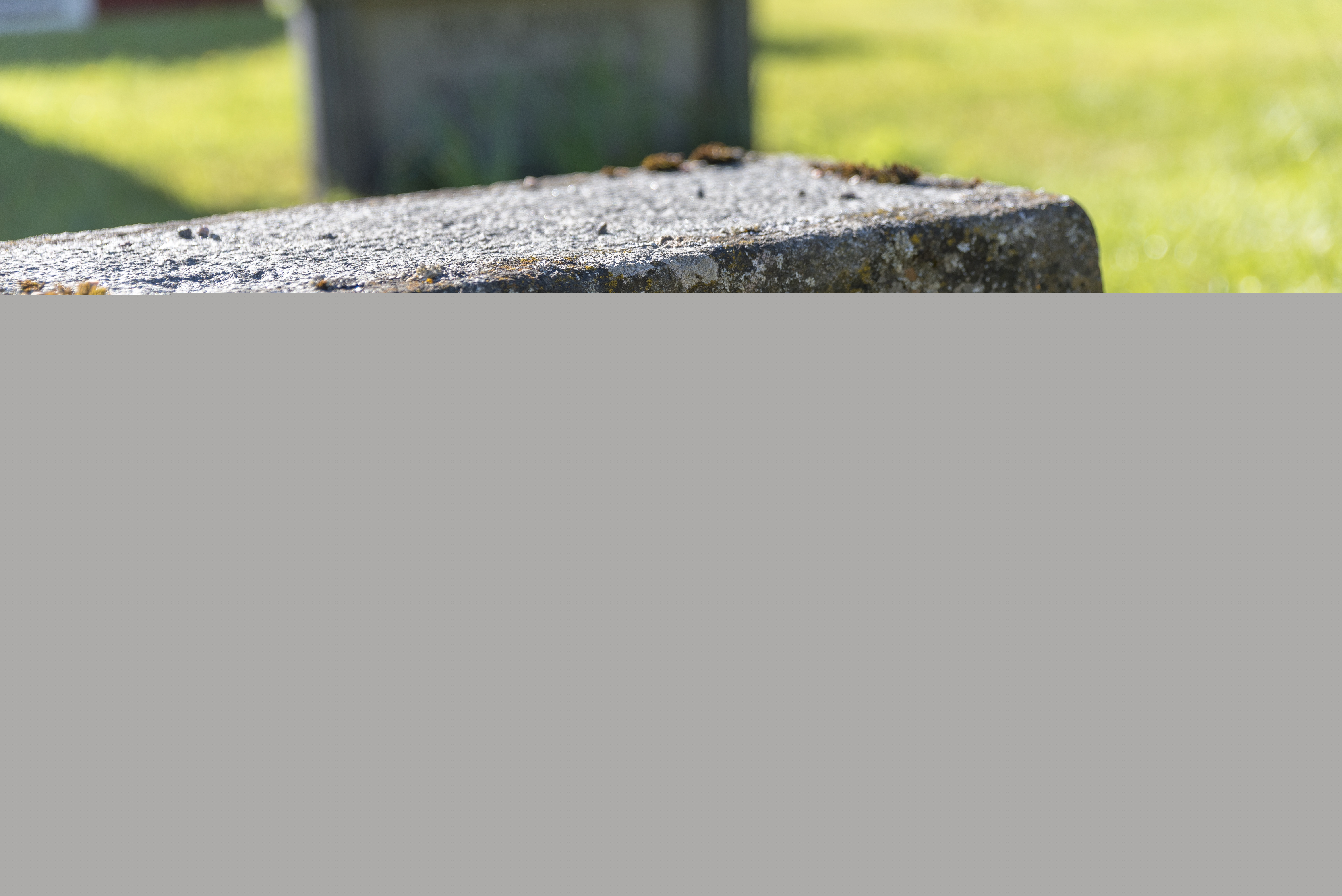 En liten skylt som gått sönder står vid en gravsten.