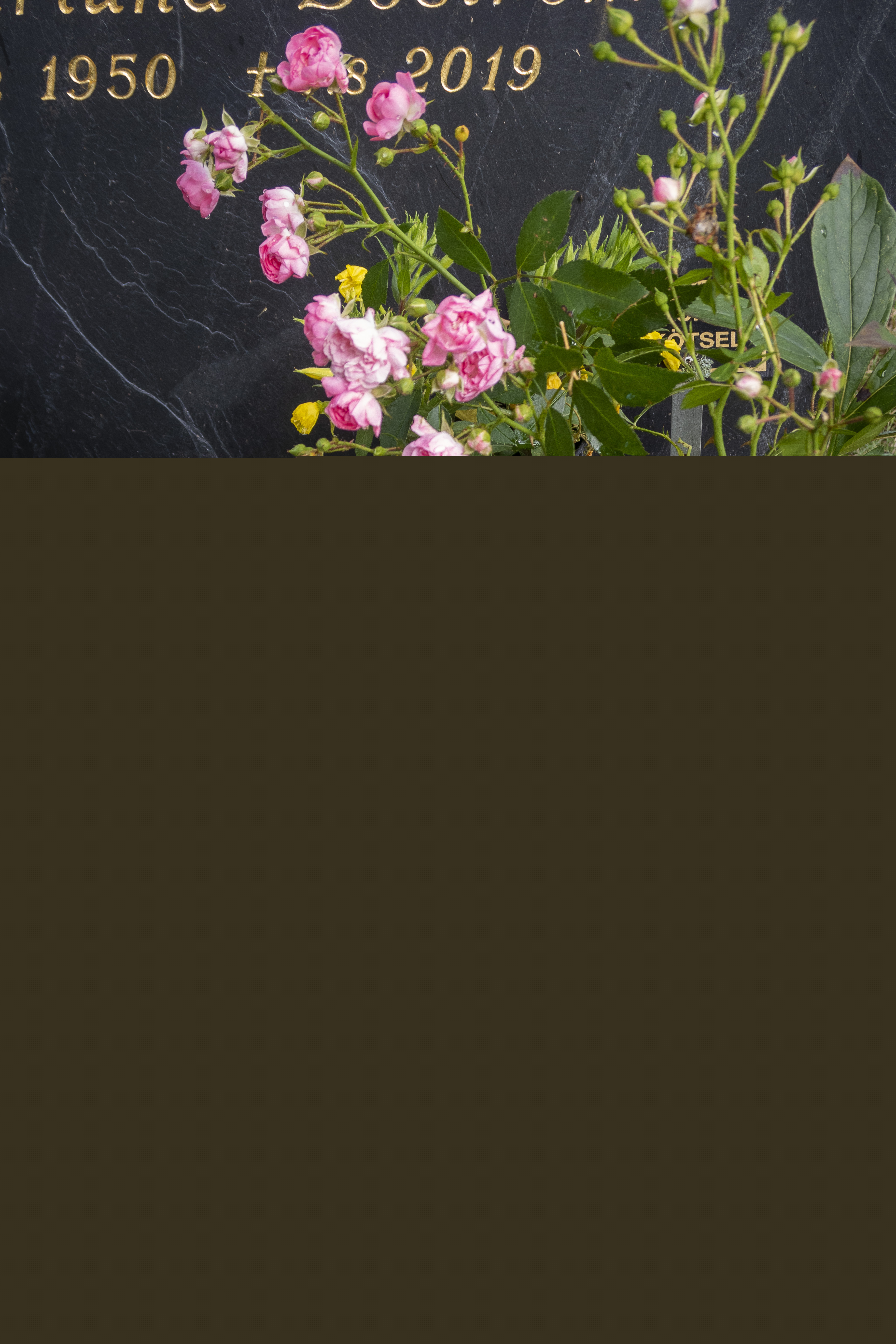 Blommor och ett ljusblått hjärta vid en gravsten.