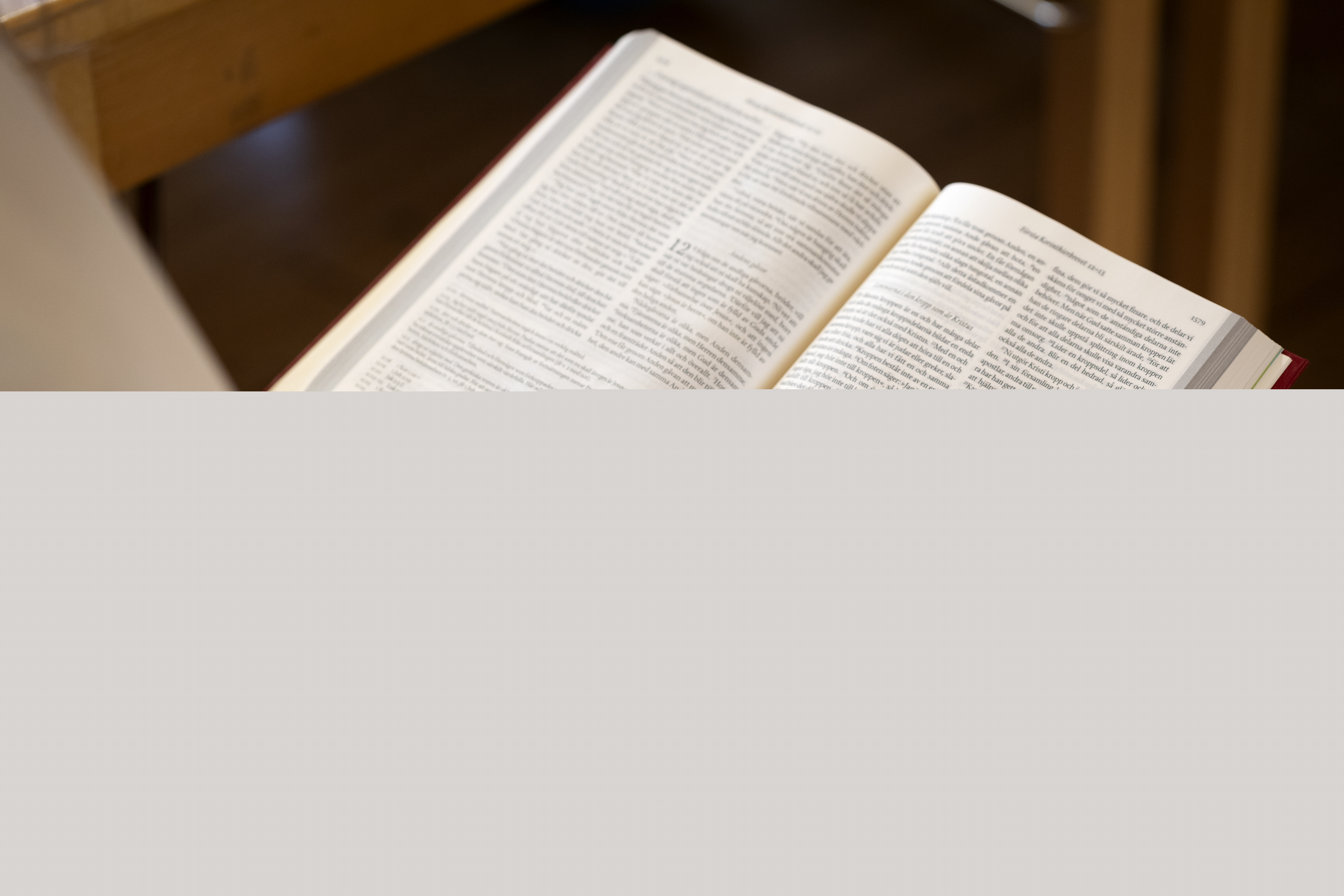 Någon läser ur en bibel och följer texten med fingret.