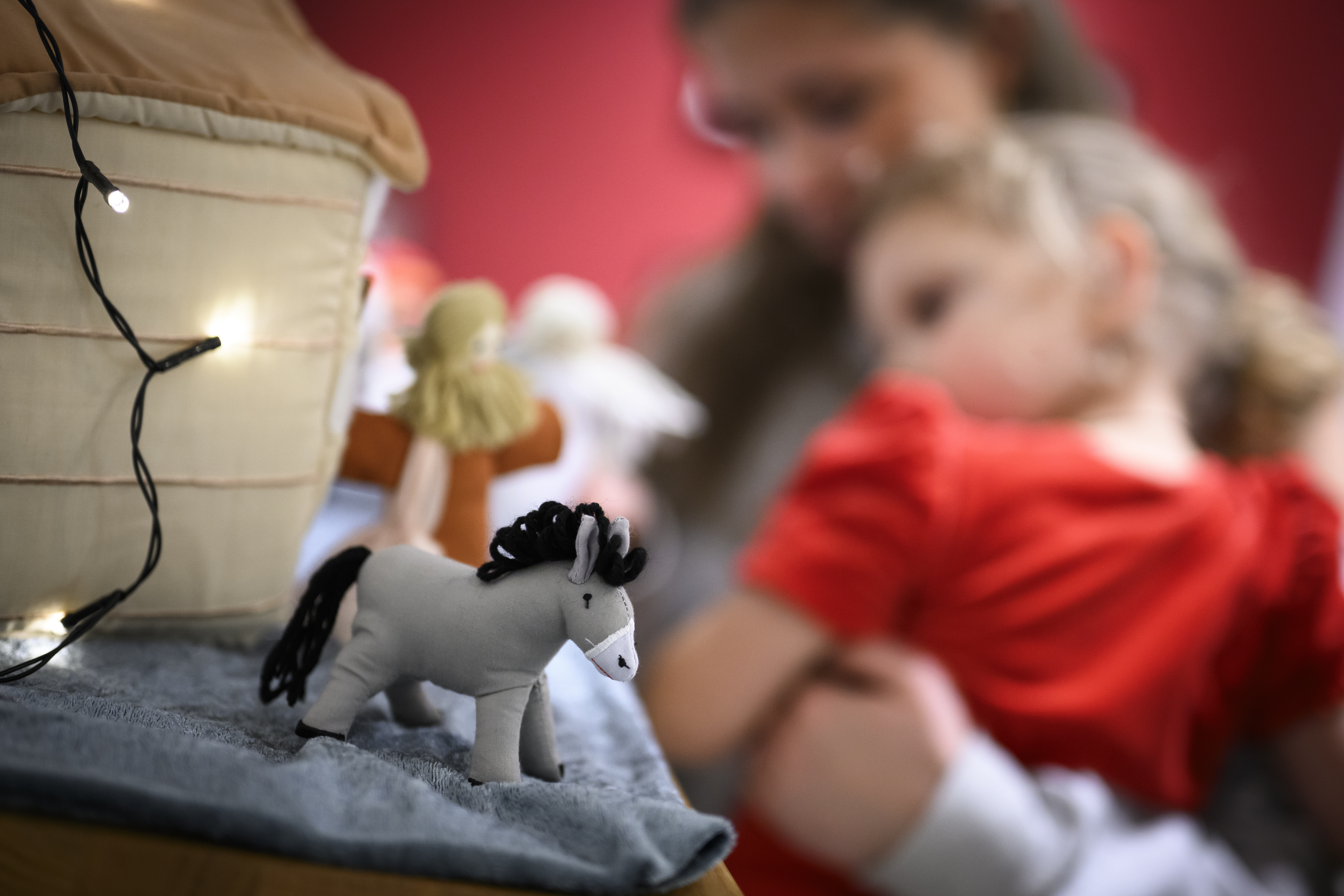 Närbild på en liten mjukisåsna. En ljusslinga hänger bakom åsnan. En kvinna sitter med ett barn i famnen i bakgrunden.