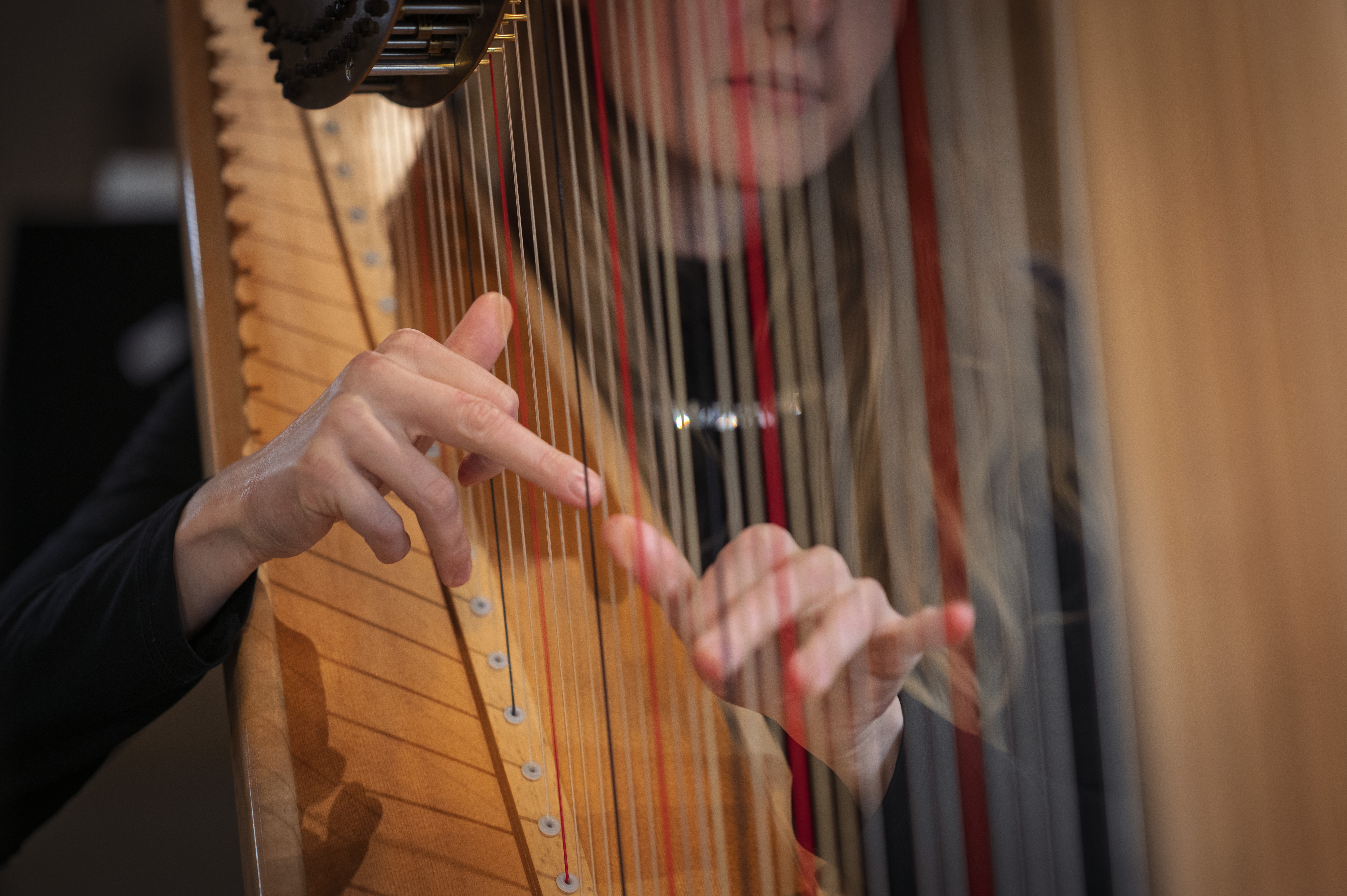 Närbild på en kvinna som spelar harpa.