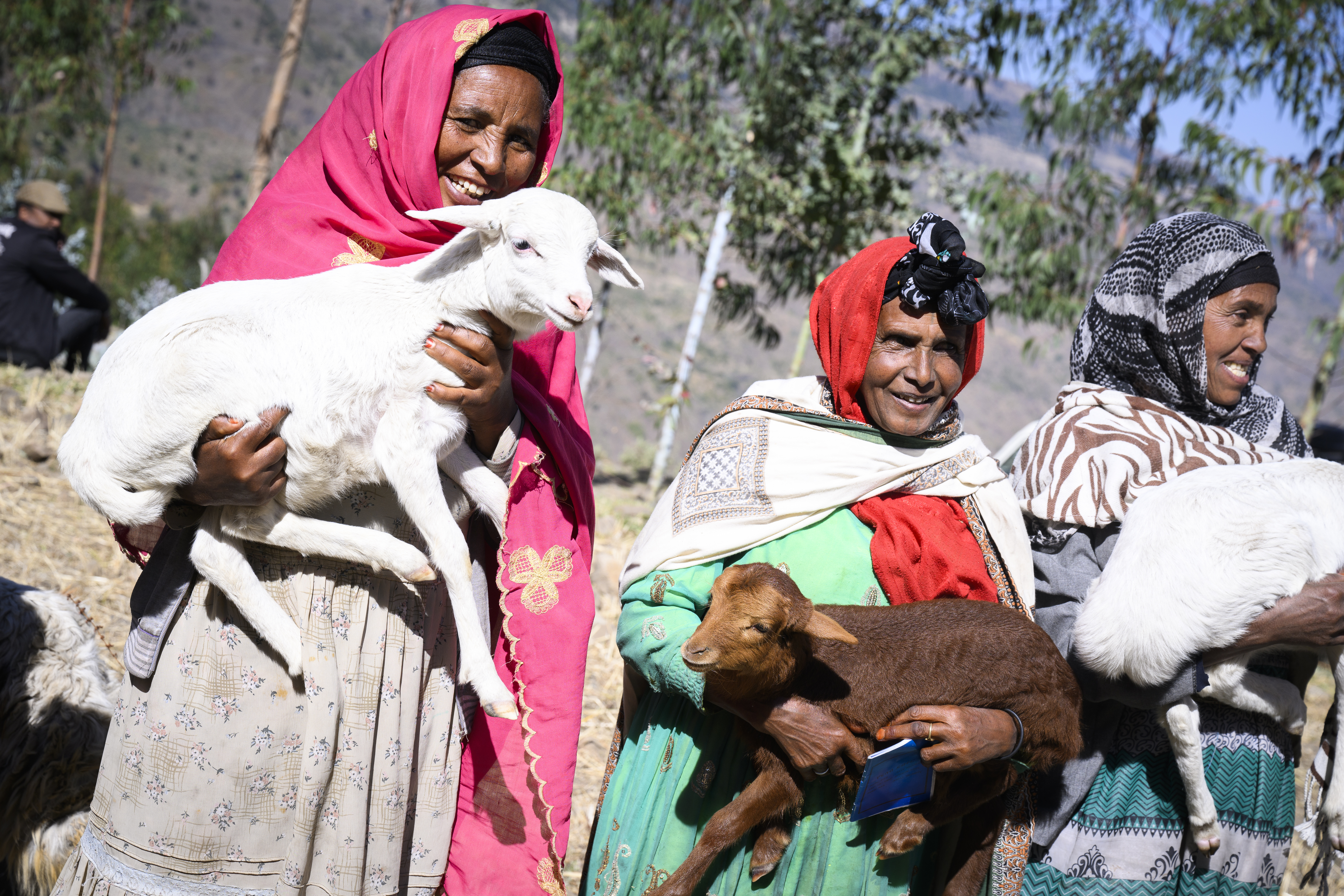 Tre kvinnor håller i varsin get.