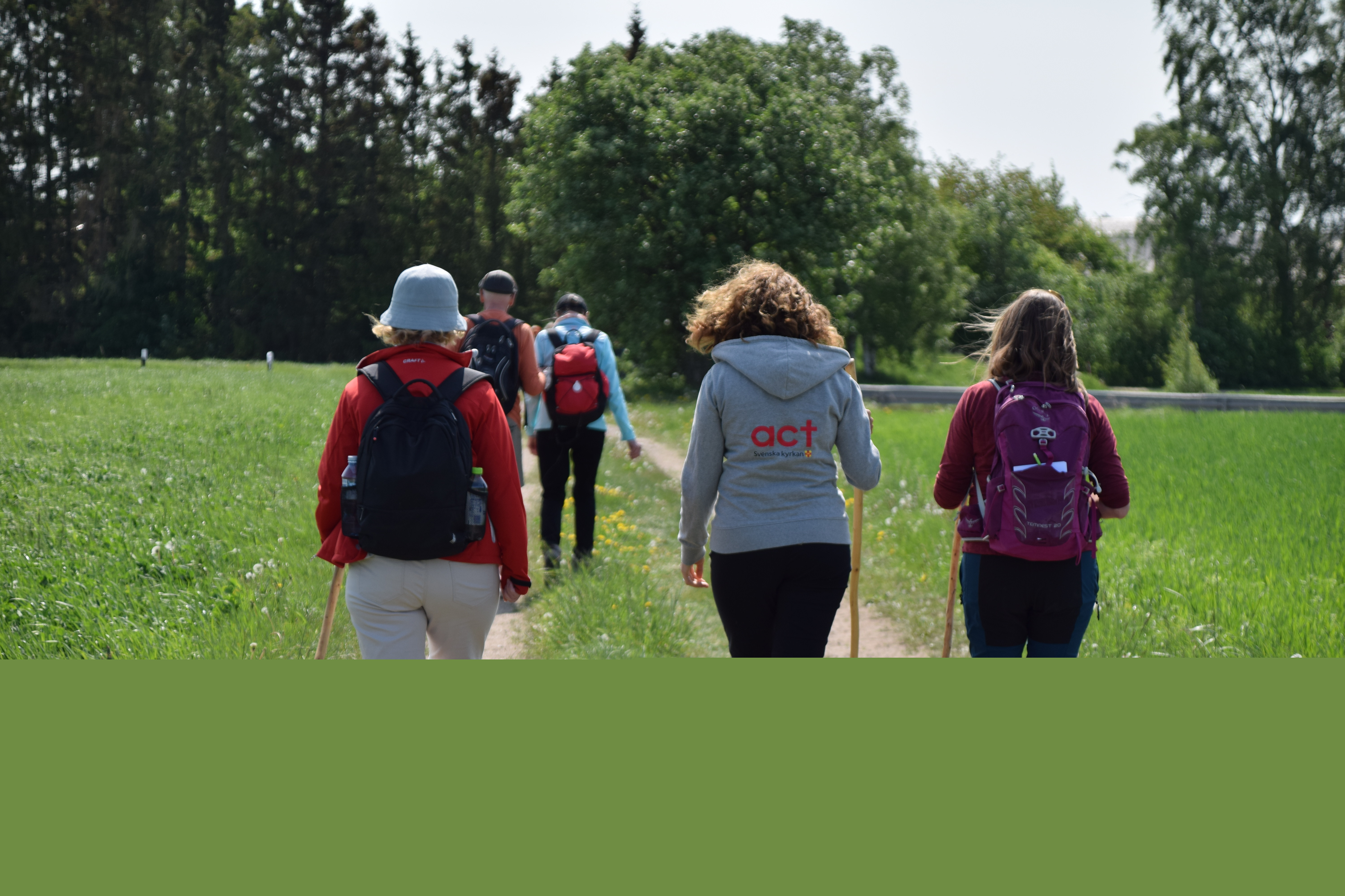 Fem personer vandrar längs en väg. Vi ser ryggarna på dem. Tre bär ryggsäck. 