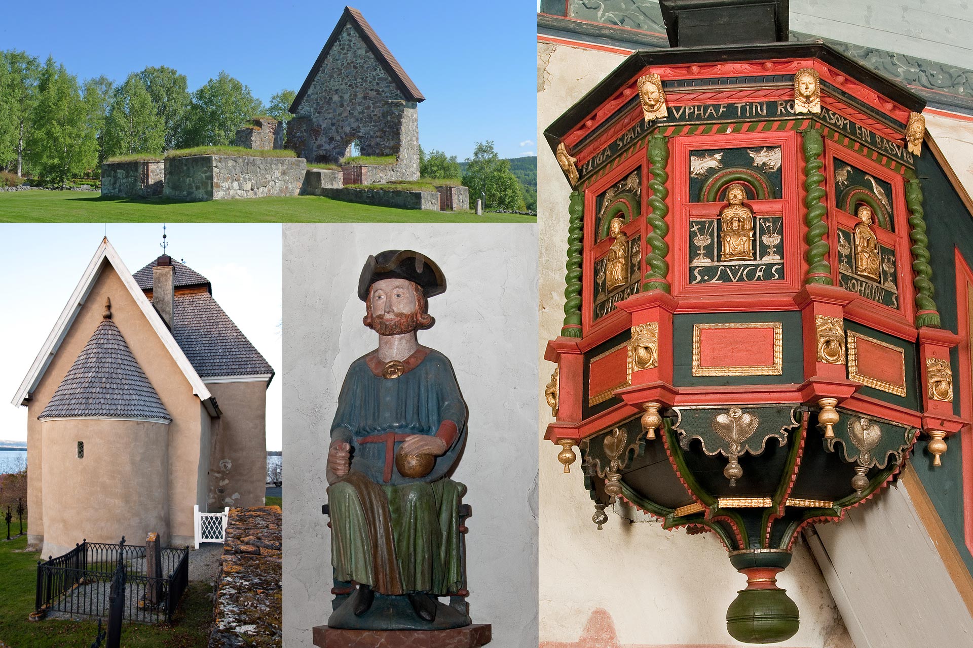 Ett kollage av medetiltida kyrkliga interiörer och exteriörer.